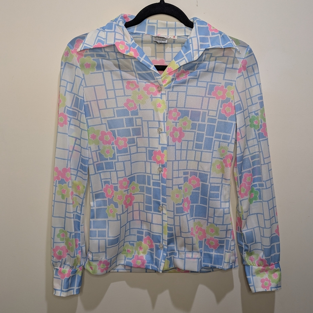 Vintage 1970s Flower Power Blue Haymaker Button Down Semi Sheer Size 8 Small